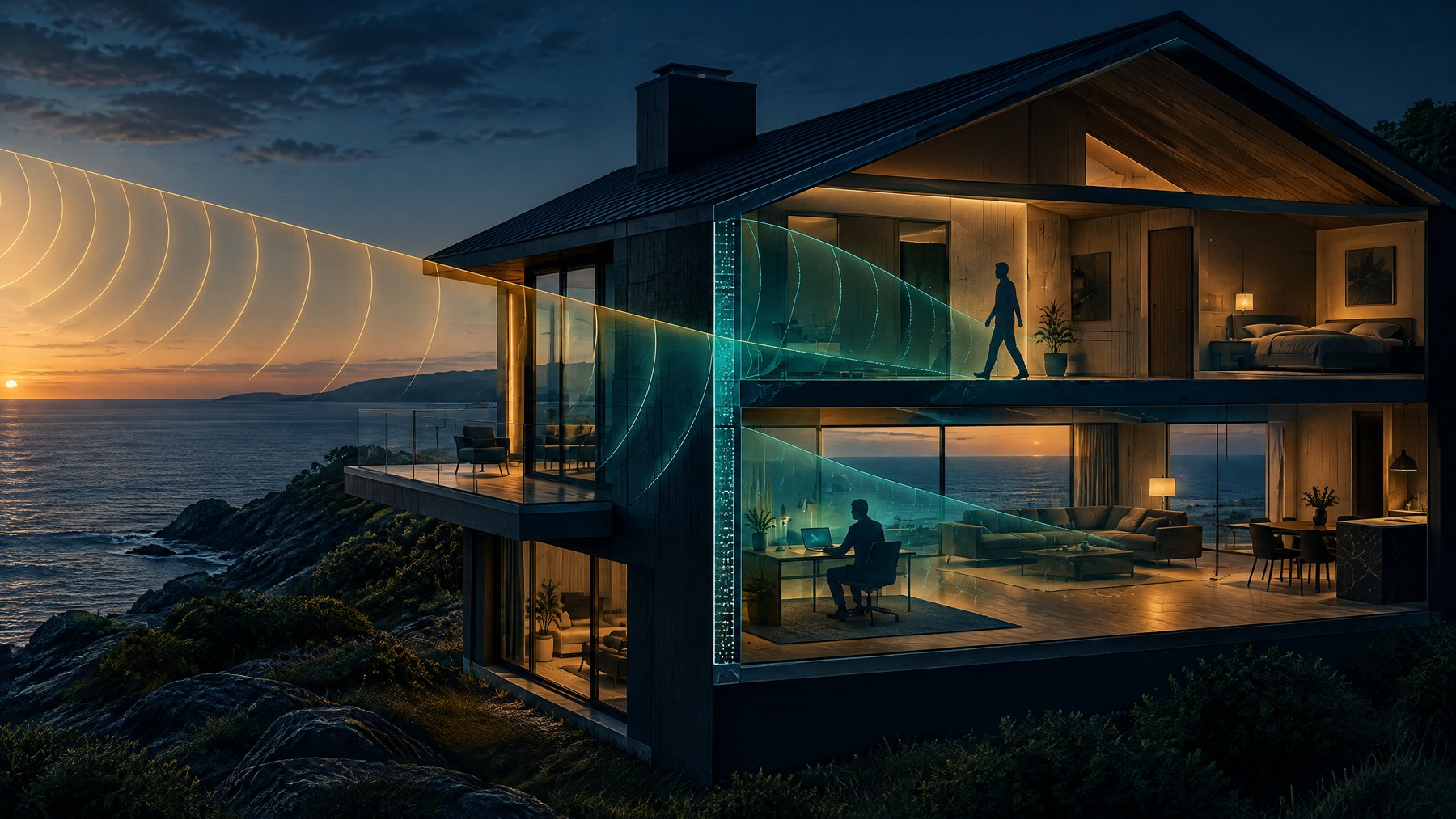 Conceptual cutaway of a home with an abstract radar sweep outside showing silhouettes inside